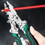 Arenzza multifunctional foldable wire stripping scissors with electrical test features, shown in a close-up view.