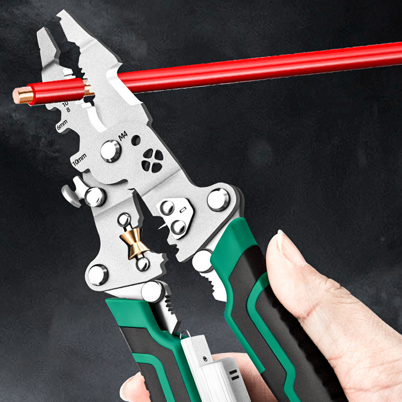 Arenzza multifunctional foldable wire stripping scissors with electrical test features, shown in a close-up view.