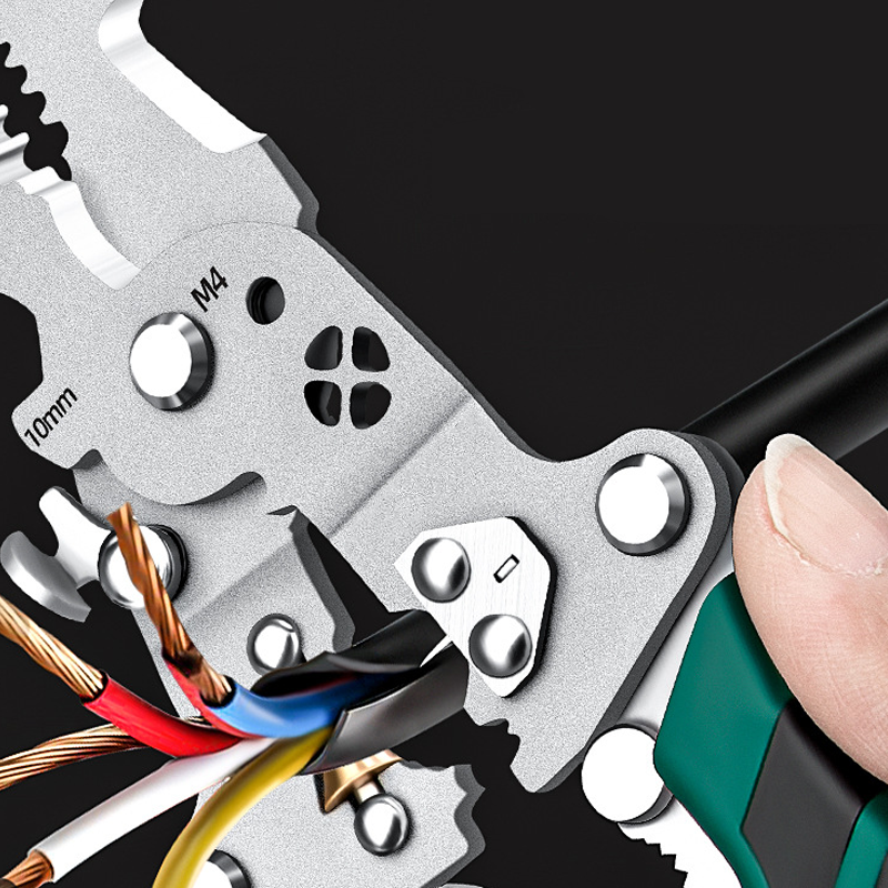 Arenzza multifunctional foldable wire stripping scissors with electrical test features, shown in an open position on a white background.