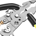 Arenzza multifunctional foldable wire stripping scissors with electrical test feature, ideal for tools and garden tasks, shown in open position.