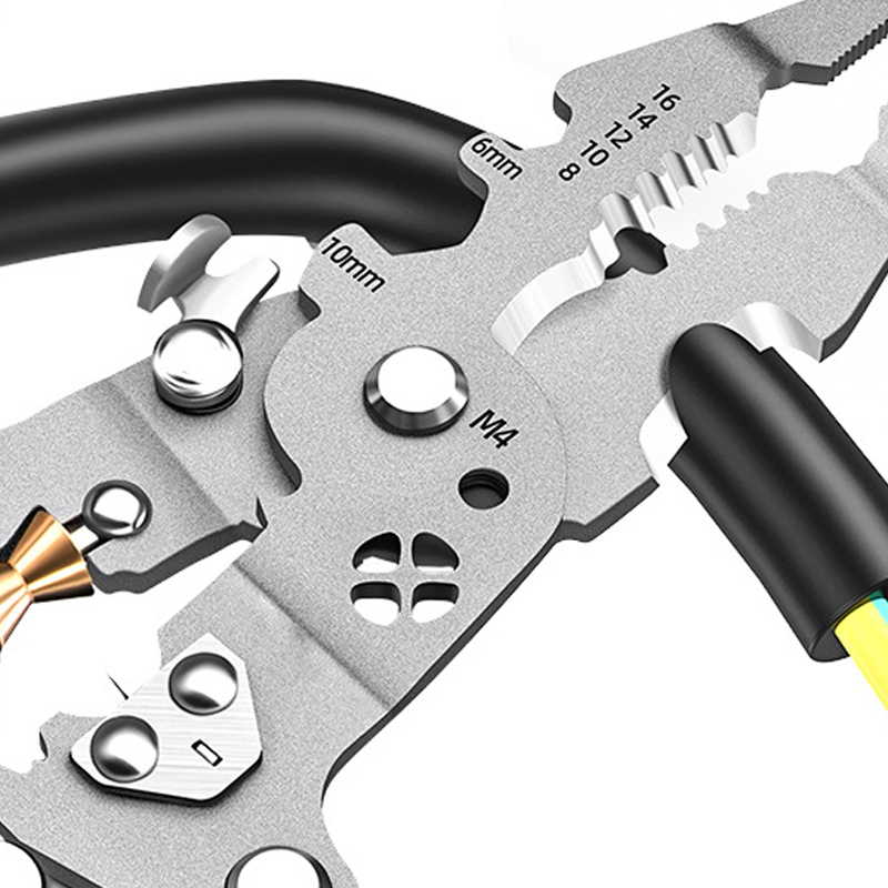 Arenzza multifunctional foldable wire stripping scissors with electrical test feature, ideal for tools and garden tasks, shown in open position.