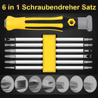 Arenzza multifunction screwdriver set with various screwdrivers and bits laid out on a white background for tools and garden use.
