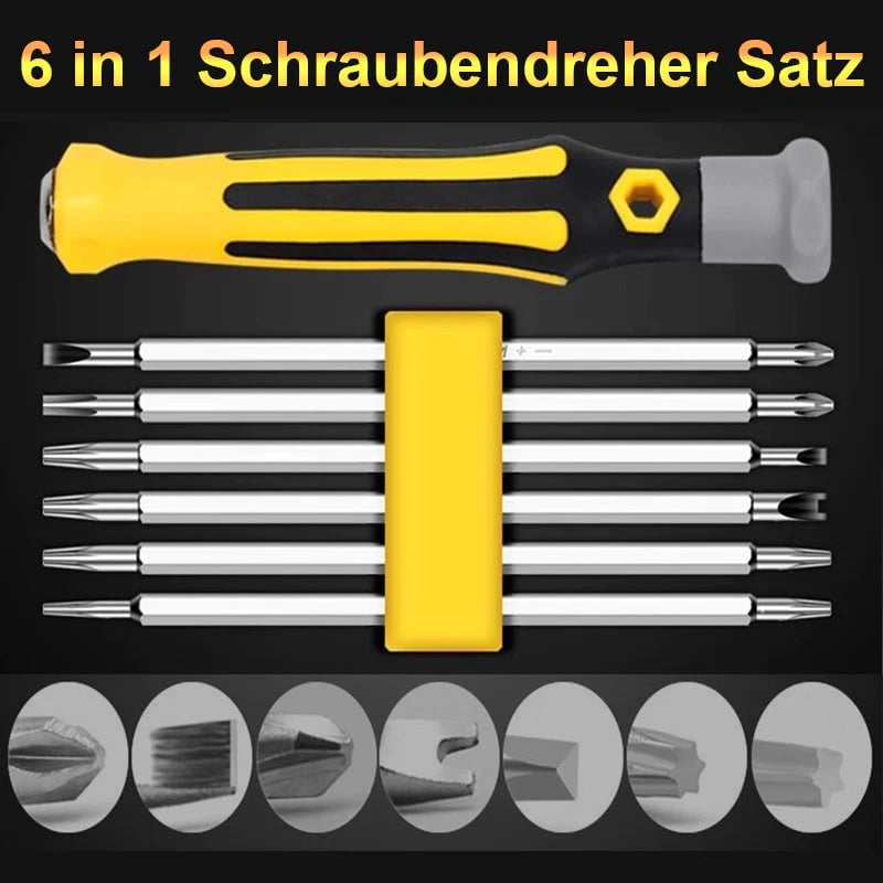 Arenzza multifunction screwdriver set with various screwdrivers and bits laid out on a white background for tools and garden use.