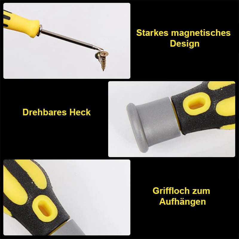 Arenzza multifunction screwdriver set with various screwdriver heads and tools, displayed on a workbench in a tools and garden setting.