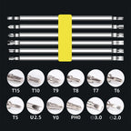 Arenzza multifunction screwdriver set with various screwdrivers and bits arranged on a white background for tools and garden use.