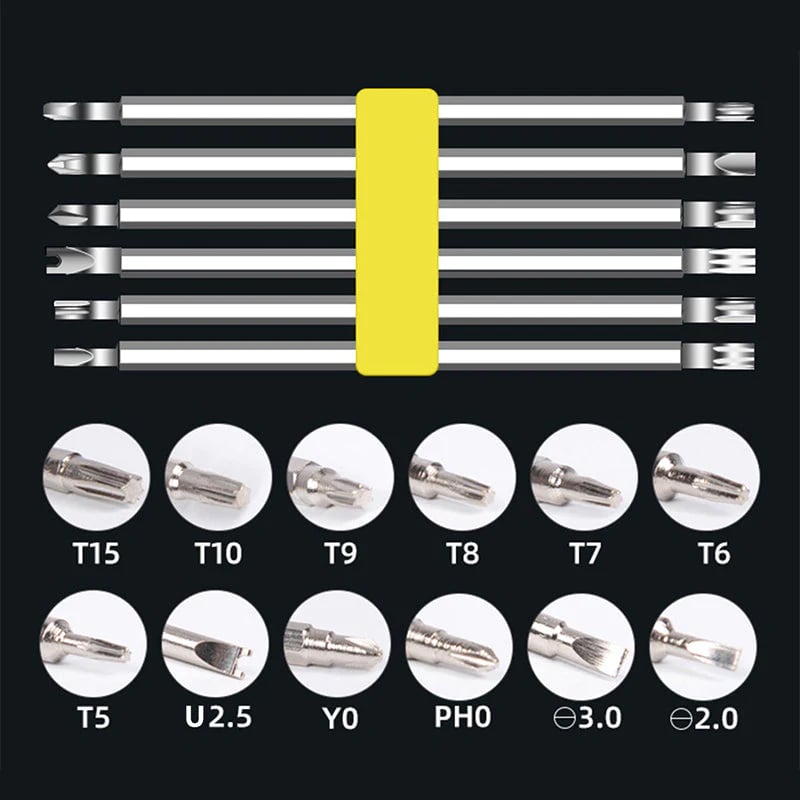 Arenzza multifunction screwdriver set with various screwdrivers and bits arranged on a white background for tools and garden use.