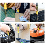 Arenzza multifunction screwdriver set with various screwdriver heads and tools laid out on a work surface for home repair.