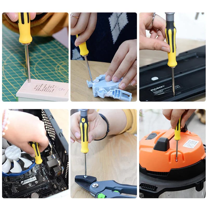 Arenzza multifunction screwdriver set with various screwdriver heads and tools laid out on a work surface for home repair.