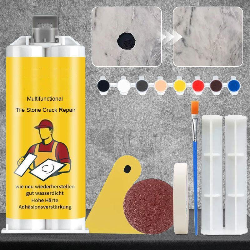 Arenzza multifunctional tile and stone crack repair kit with tools for repairing cracks in tiles and stones.