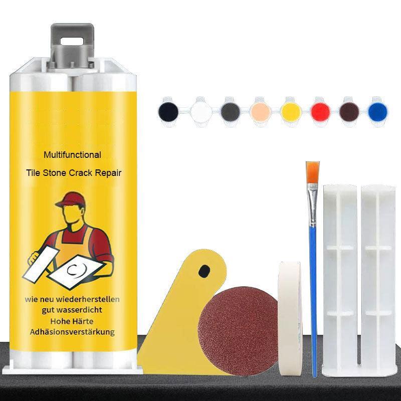 Arenzza multifunctional tile and stone crack repair kit with tools for repairing cracks in tiles and stone surfaces.