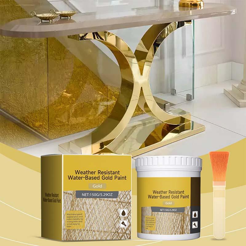 Arenzza weather-resistant gold paint with foil effect for wood, metal, and stone surfaces, showing a smooth, luxurious gold finish.