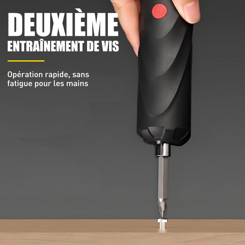 Arenzza cordless electric screwdriver lying on a workbench with a screwdriver bit attached, showcasing its compact design.