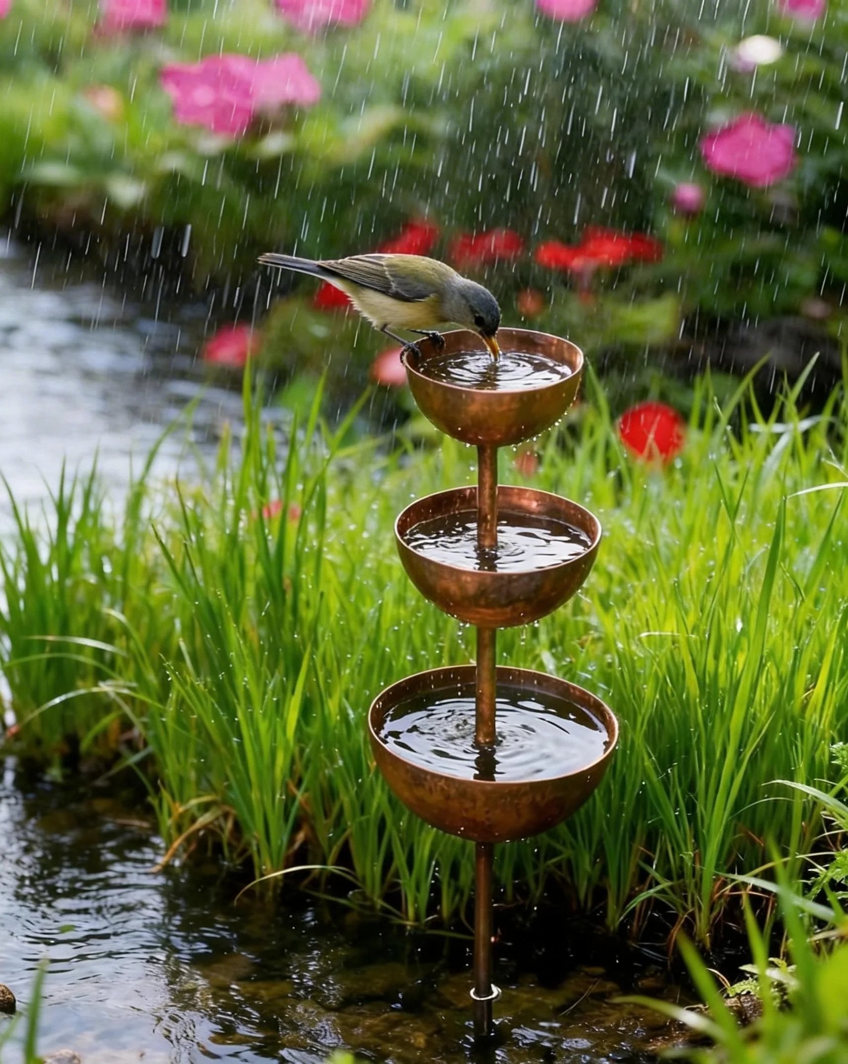 Arenzza Rain Catcher metal garden ornament, a plant support tool with bird design, for tools and garden decoration.