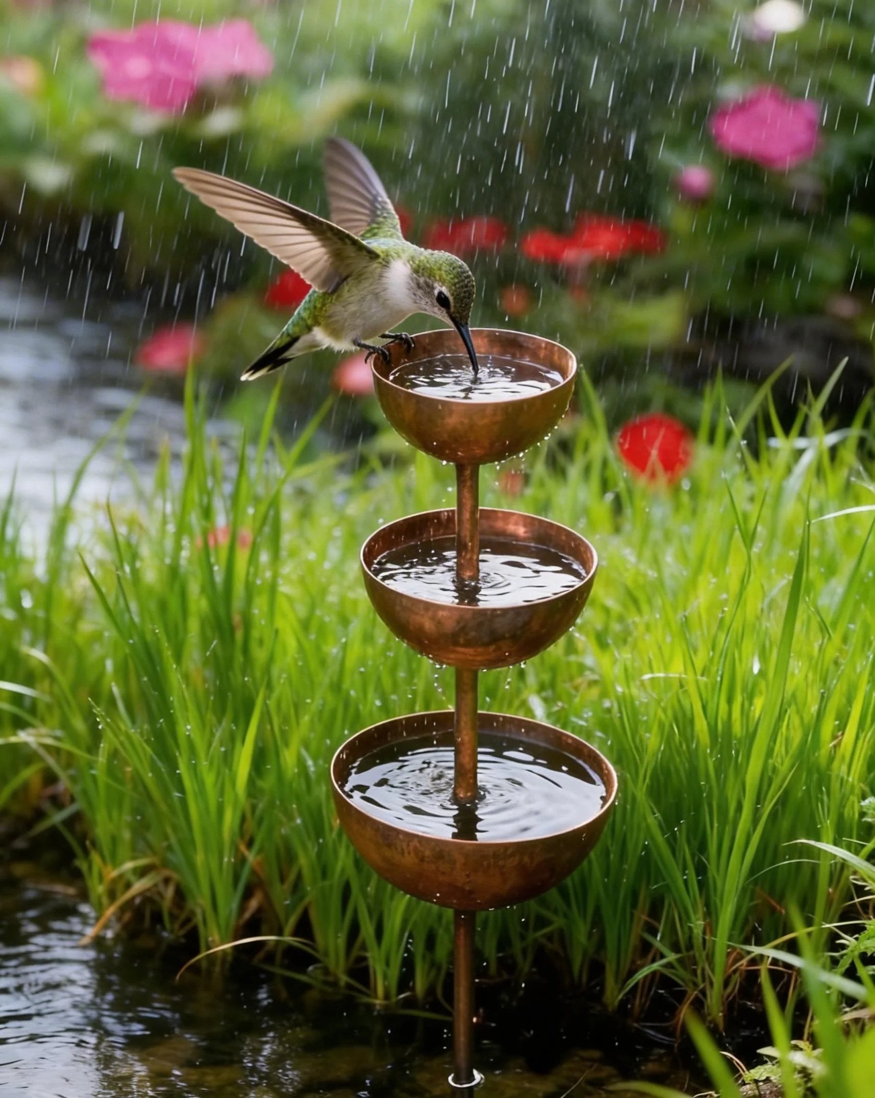 Arenzza Rain Catcher metal garden ornament used as a plant support in a garden setting.