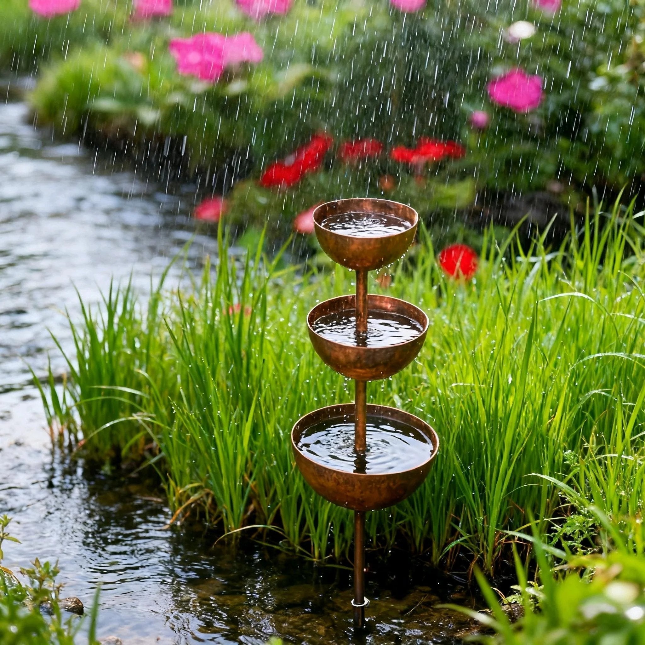 Arenzza Rain Catcher metal garden ornament supporting plants, designed as a decorative tool for gardening and rain drainage.