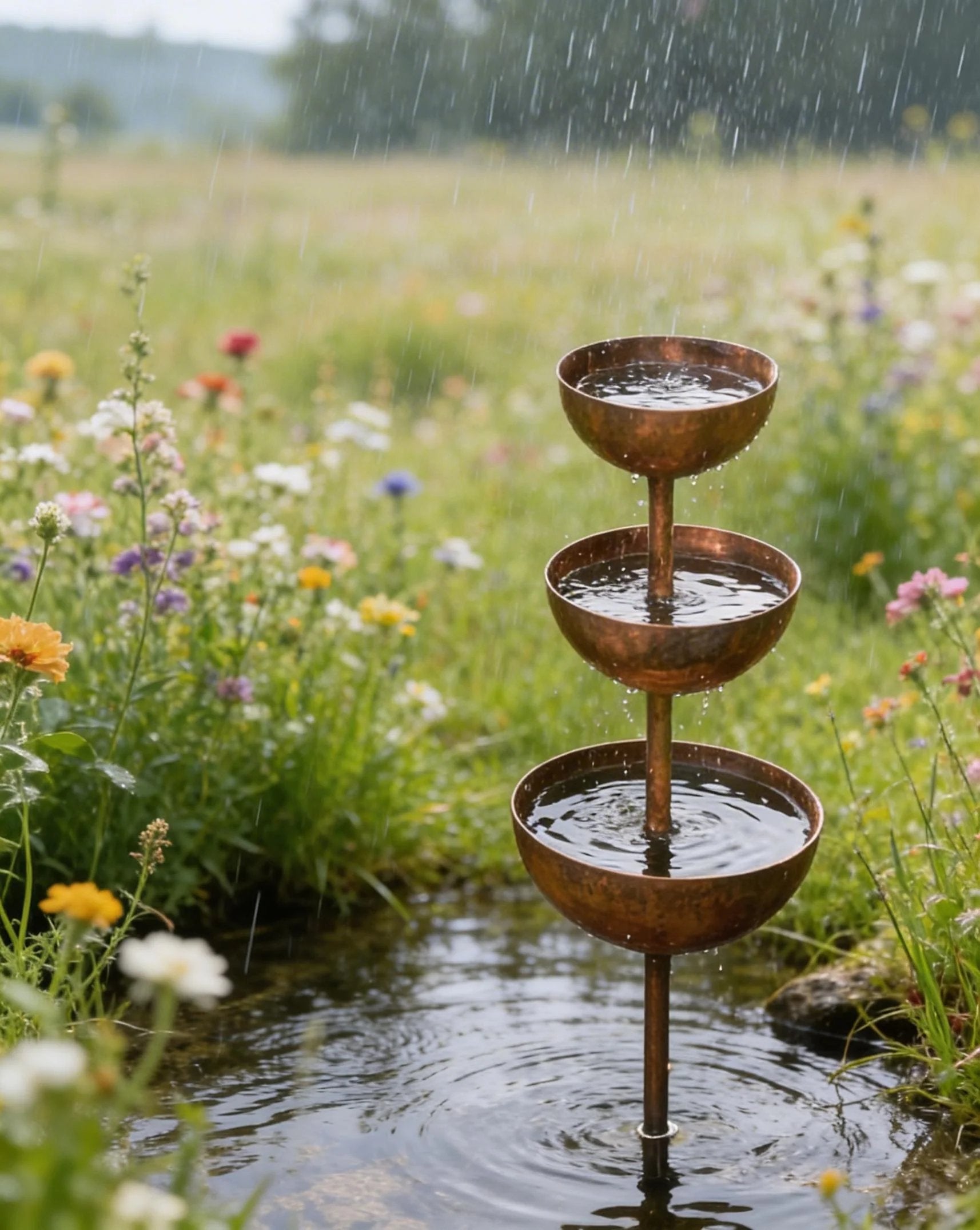 Arenzza Rain Catcher metal garden ornament used as plant support in a garden setting with rain droplets on it.