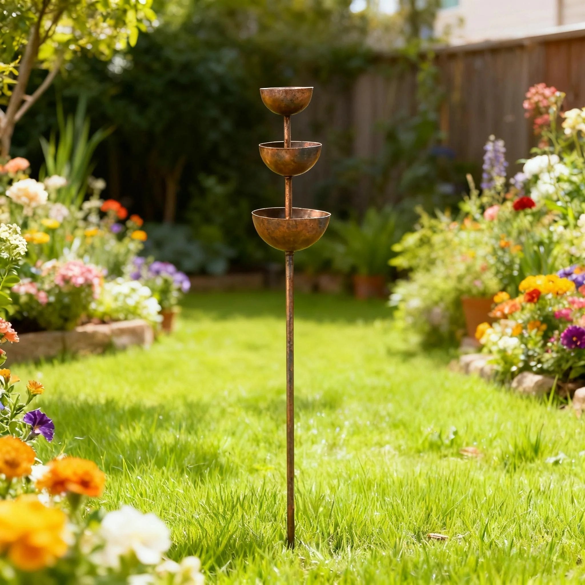 Arenzza rain catcher plant support metal garden ornament with bird design, ideal for garden tools and plant support.