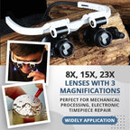 Arenzza LED glasses magnifier with 23x zoom, clear glass lenses, and built-in LED lights for detailed viewing in tools and garden tasks.
