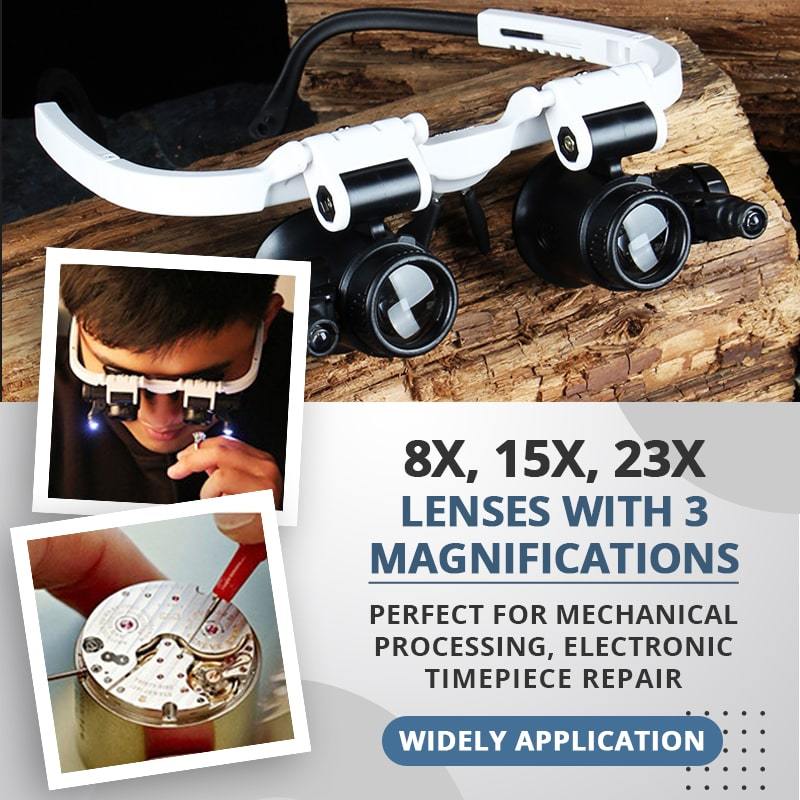 Arenzza LED glasses magnifier with 23x zoom, clear glass lenses, and built-in LED lights for detailed viewing in tools and garden tasks.