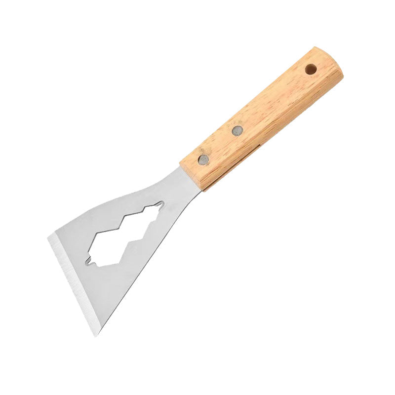 Arenzza multifunction putty knife with wooden handle, showing the blade and ergonomic wooden grip for tools and garden projects.
