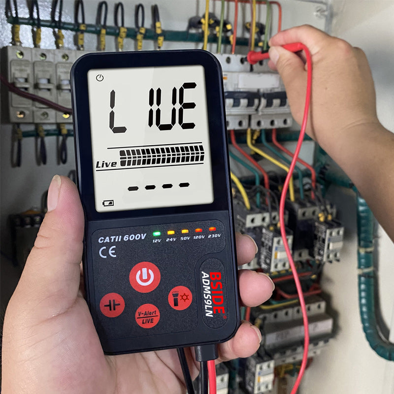 Arenzza portable smart auto digital multimeter showing digital display, test leads, and measurement buttons for electrical testing.
