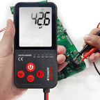 Arenzza portable smart auto digital multimeter showing a digital display, test leads, and measurement dial for electrical testing.