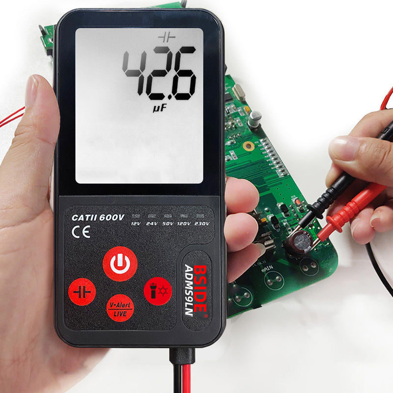 Arenzza portable smart auto digital multimeter showing a digital display, test leads, and measurement dial for electrical testing.