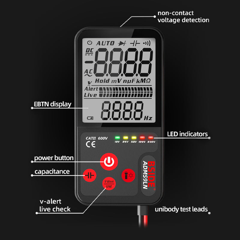 Arenzza portable smart auto digital multimeter showing digital display, test probes, and compact tool design for electrical measurements.