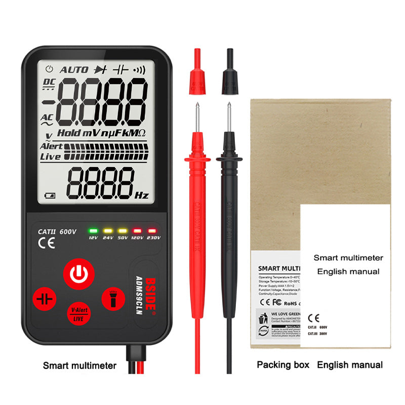 Arenzza Portable Smart Auto Digital Multimeter showing digital display with measurement probes and controls for electrical testing.