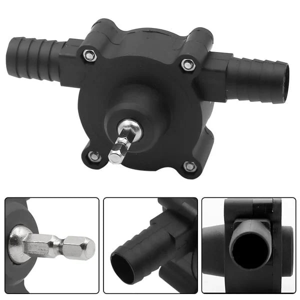 Arenzza self-priming transfer pump for tools and garden use, shown in black with metal fittings and compact design.