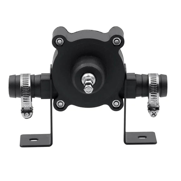 Arenzza self-priming transfer pump for tools and garden use, shown in a close-up image highlighting its compact design and sturdy build.
