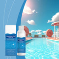 Arenzza swimming pool purifying liquid bottle with clear water background, showcasing tools and garden product for clean, chemical-free pool water.