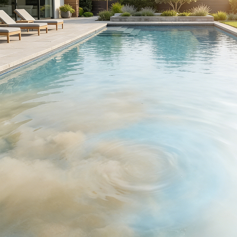 Arenzza swimming pool purifying liquid bottle showing clear water and garden tools, designed for maintaining clean, chemical-free pool water.