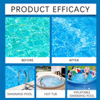 Arenzza swimming pool purifying liquid bottle, used for clear, fresh water in tools and garden pools, with a blue liquid inside.