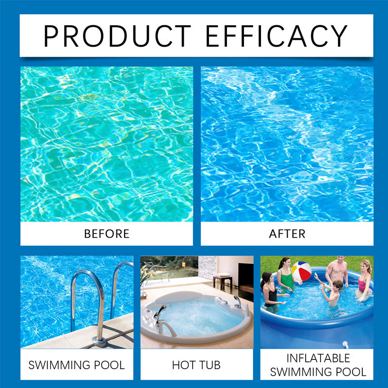 Arenzza swimming pool purifying liquid bottle, used for clear, fresh water in tools and garden pools, with a blue liquid inside.