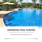 Arenzza swimming pool purifying liquid in a clear bottle, with a clean, pristine swimming pool background, showcasing the product.