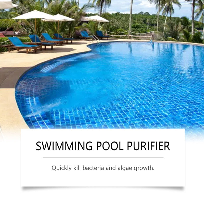 Arenzza swimming pool purifying liquid in a clear bottle, with a clean, pristine swimming pool background, showcasing the product.