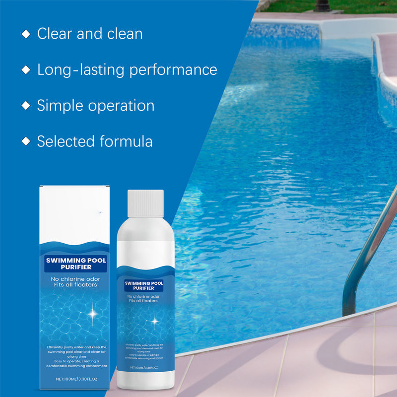 Arenzza swimming pool purifying liquid bottle, showing clear liquid and label, designed to keep pool water clean and crystal clear.