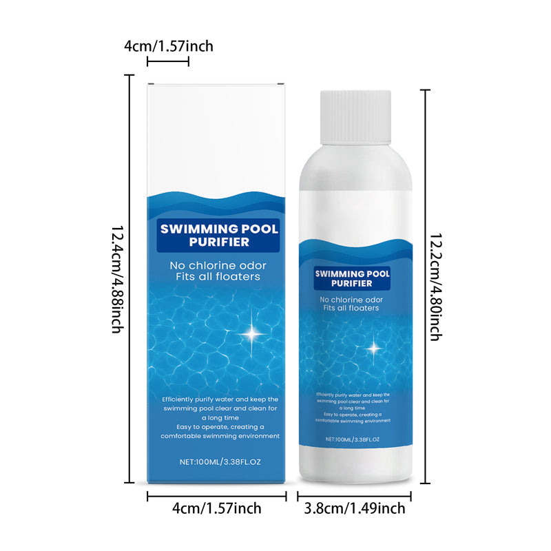 Arenzza swimming pool purifying liquid bottle for clear, fresh water, designed to keep pools free of algae and chemicals.