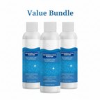 Arenzza swimming pool purifying liquid bottle with clear water background, demonstrating clean, fresh pool water and pool maintenance tools.