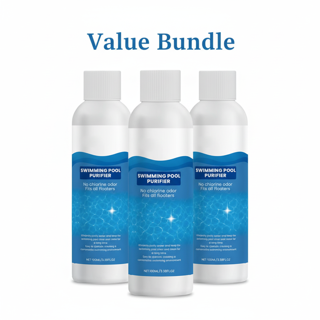 Arenzza swimming pool purifying liquid bottle with clear water background, demonstrating clean, fresh pool water and pool maintenance tools.