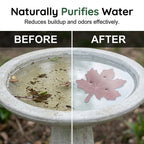 Arenzza Universal Fit Bird Bath Purifier tool for garden bird baths, shown in a garden setting with the device and water basin.