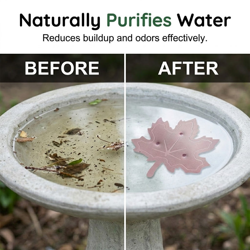 Arenzza Universal Fit Bird Bath Purifier tool for garden bird baths, shown in a garden setting with the device and water basin.