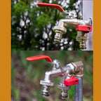 Arenzza stainless steel double outlet garden water faucet with two valves, suitable for tools and garden watering tasks.