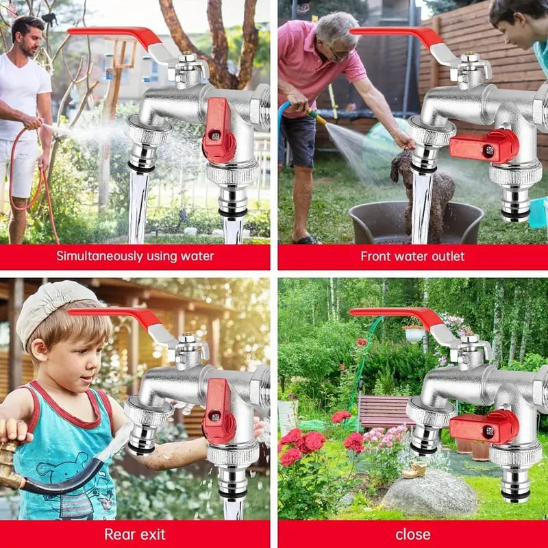 Arenzza stainless steel double outlet garden water faucet with two spouts and control valves, suitable for outdoor gardening and watering tasks.