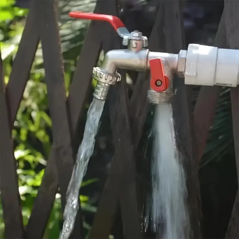 Arenzza universal stainless steel double outlet garden water faucet with two outlets and handle control for outdoor watering.