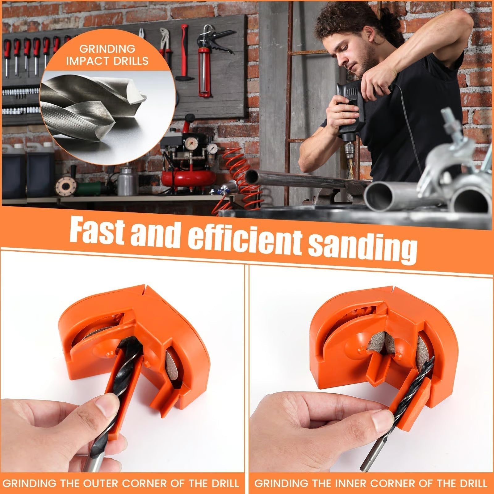 Arenzza multipurpose drill bit grinding sharpener in a tools and garden setting, showcasing the compact tool with grinding parts.