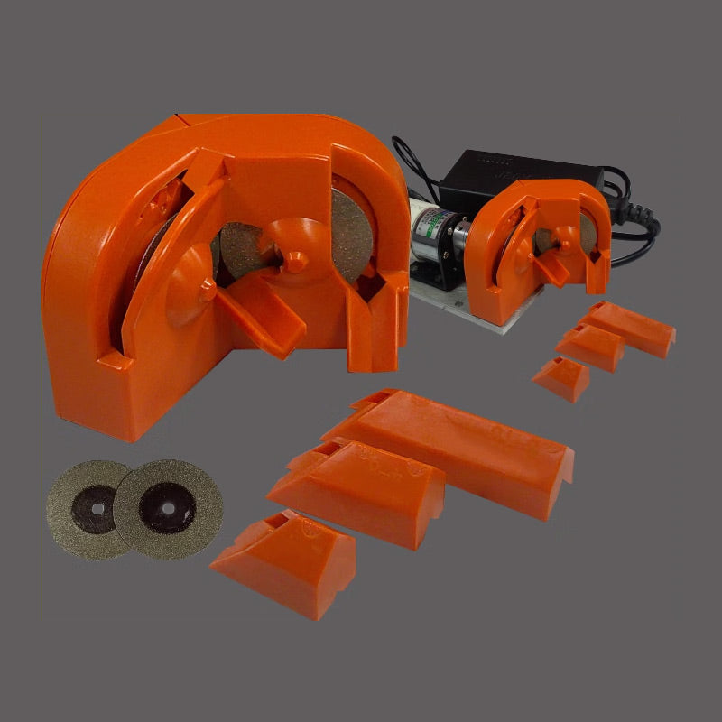 Arenzza multipurpose drill bit grinder sharpener for tools and garden equipment, shown with grinding wheel and tool in use.