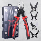 Arenzza 5-in-1 heavy-duty versatile tool kit with various hand tools for home and garden use, displayed on a workbench.