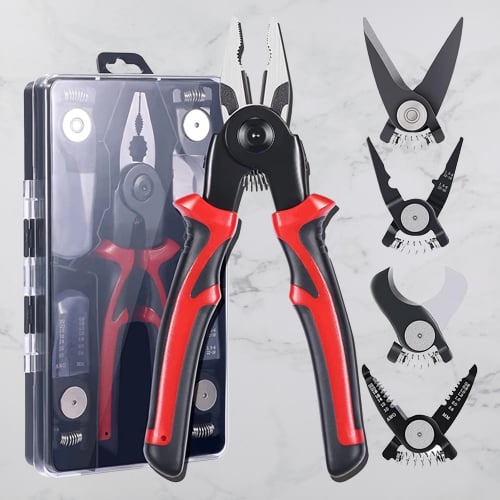Arenzza 5-in-1 heavy-duty versatile tool kit with various hand tools for home and garden use, displayed on a workbench.